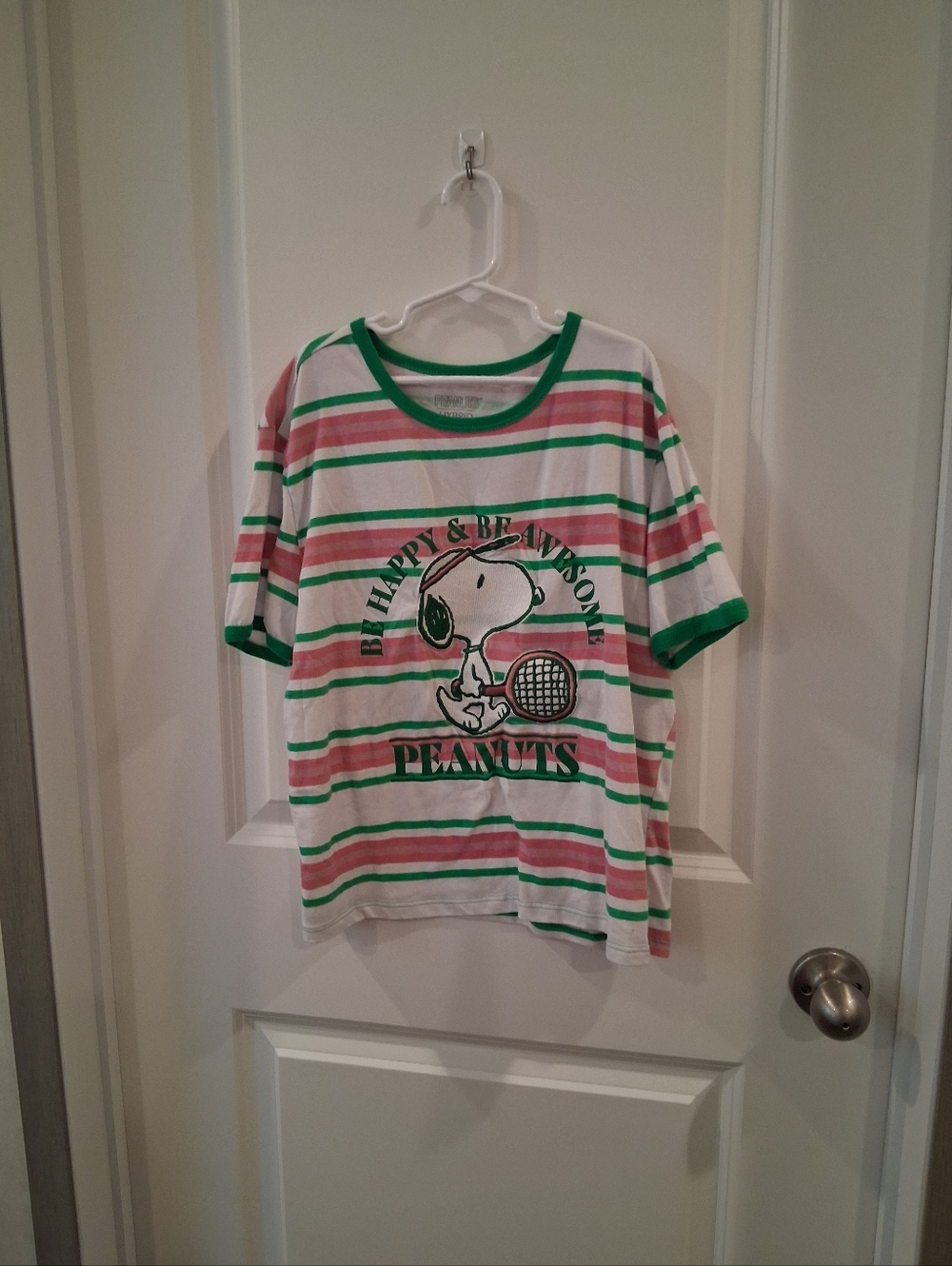 Peanuts Striped Scoop Neck Tee - White, Green, Pink Size Medium